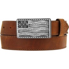 Justin Western Mens Belt Leather Made In The USA Flying High Flag Brown C12685