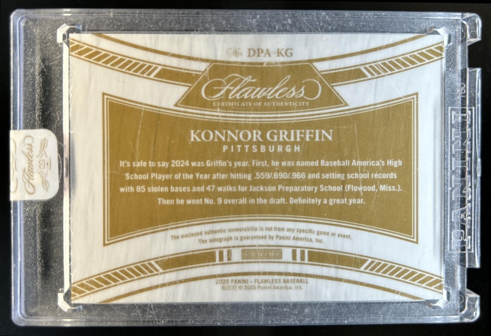 2025 Panini Flawless Konnor Griffin Draft Patch Auto Sapphire #/15 Pirates view 2