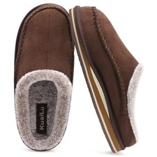Mens Clog Slippers with Arch Support Suede Faux Fur Memory Foam Warm 8.5 Brown