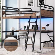 Full Size Metal Loft Bed W Desk Metal Loft Bed W LED Light Charge Station