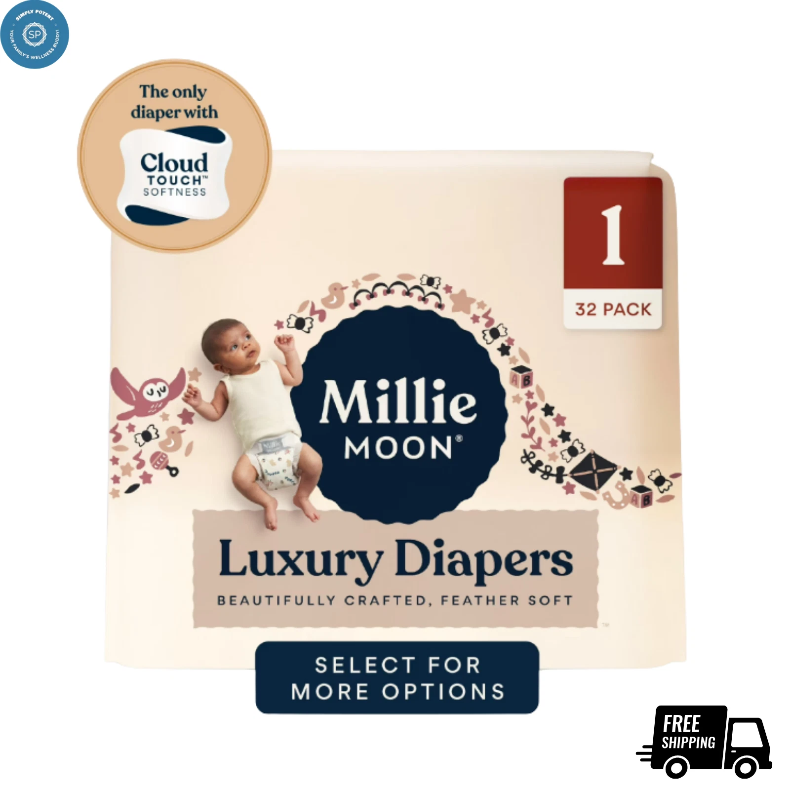 New Millie Moon Luxury Diapers, Size 1, 32 Count