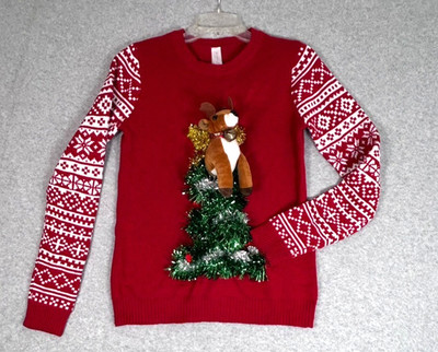 NO BOUNDARIES Ugly Christmas Sweater Small/Med 3-D Reindeer Tinseled Tree