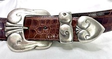 Douglas Magnus Santa Fe Heartline Sterling 3 pc Buckle Set Crocodile Belt sz 32