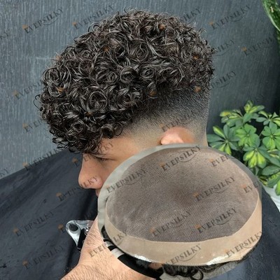 Undetectable European Human Hair 18mm Curly Men Toupee Prosthesis Capillary unit