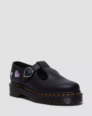 Dr. Martens Polley Heart Women Black Leather T-strap Frosted Lavender