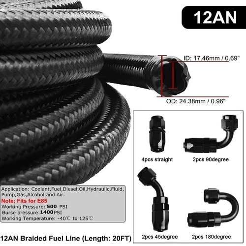 10/20FT 6AN 8AN 10AN 12AN CPE Braided Nylon Fuel Line Kit Fuel Hose End Fittings - Bild 6 von 20