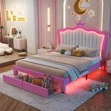 Crown Cute Full/Twin Size Princess Bed Frame Upholstered LED Light for Girls Kid