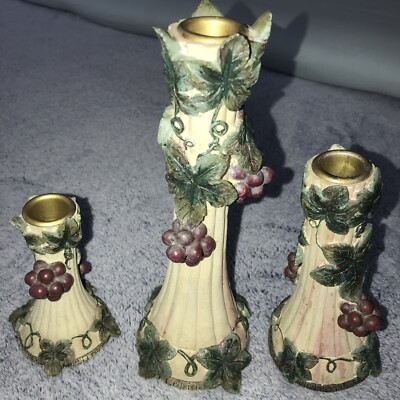 Set Of 3 Italian Style Ganz Bella Casa Grapes Leaves  Candle Holders Wine Decor