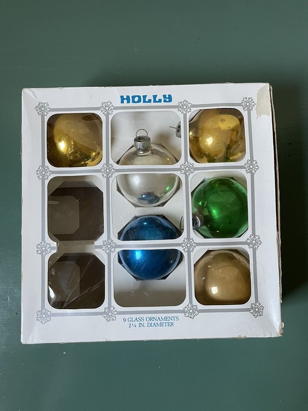 6 Holly vintage glass ornaments, gold, silver, blue, green