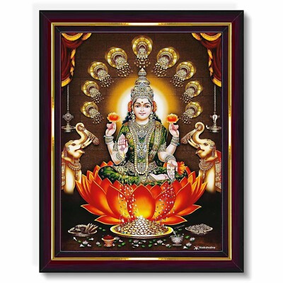 Lord Göttin Laxmi Maa HD Gedrucktes Religiöses Bild Mit Holzrahmen