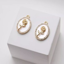 2pcs Shell Rose Flower Pendant,CZ Pave Oval Floral Charm,Mop Shell Pendant
