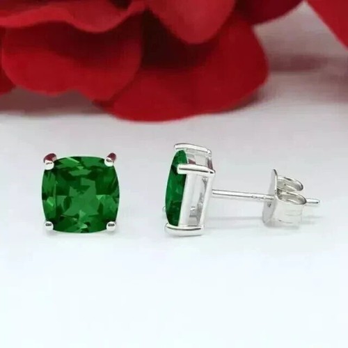 Solitaire Stud Earring 14K White Gold Plated 2Ct Cushion Cut Lab Created Emerald - Picture 2 of 4