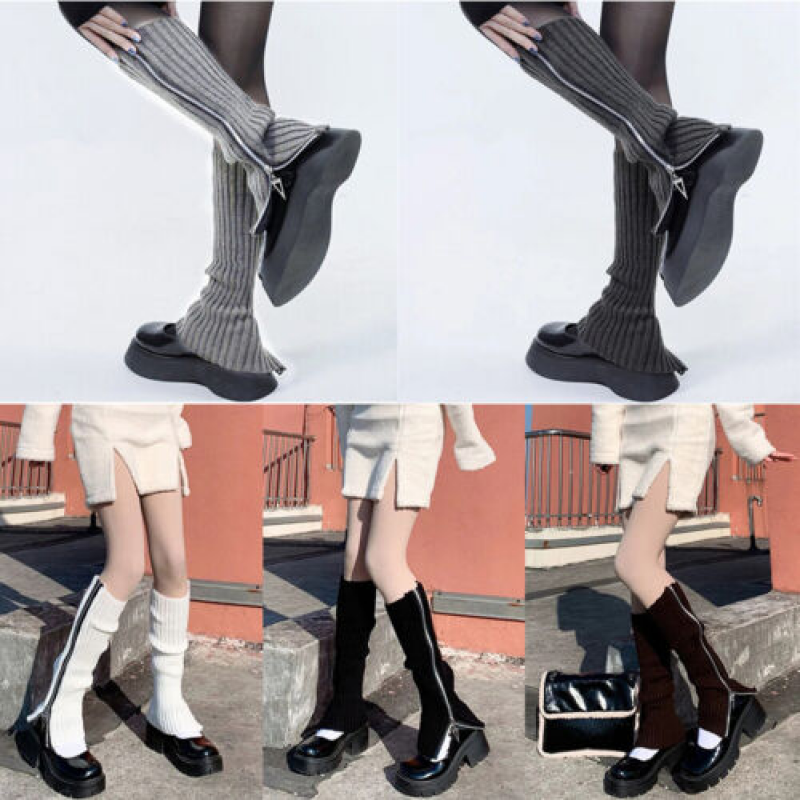 Socks Knitted Ribbed Gothic Warmers Zipper Side Punk Women Winter Up Leg  *-image