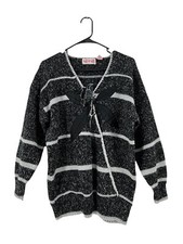 Vtg 80's Plus Size Black Metallic Woven V Neck Flower Applique Sweater SZ 20