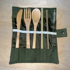 Bamboo Utensil Travel Pouch Set, Knife, Fork, Spoon, 2 kind of Straws, Cleaning 