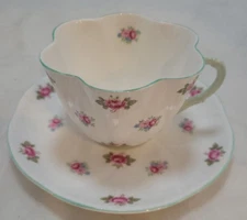 Shelley Cup & Saucer Rosebud Green Trim #13426 Pink Dainty Shape 1940-1966 HTF