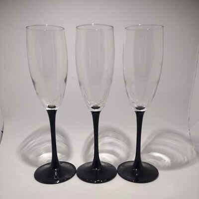 Vintage FRANCE Black Stem Champagne Flute Wine Glasses Set of 3 