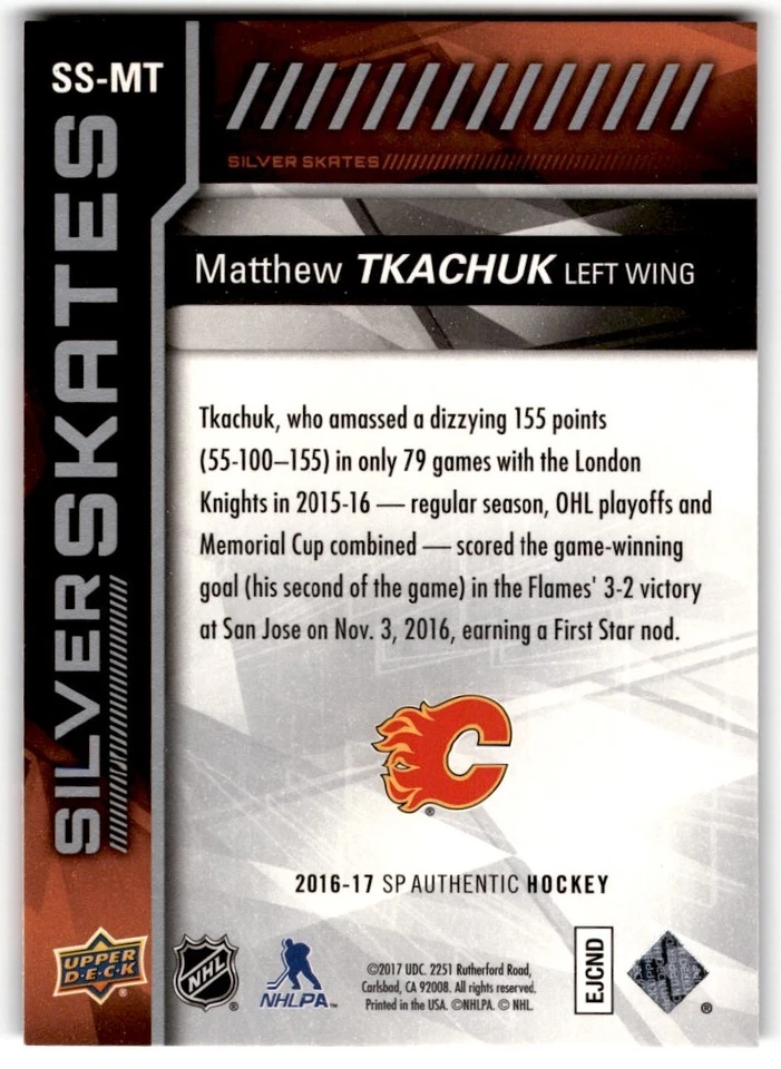 2016-17 SP Authentic Silver Skates Matthew Tkachuk Rookie #SS-MT Calgary Flames - Image 2 of 2