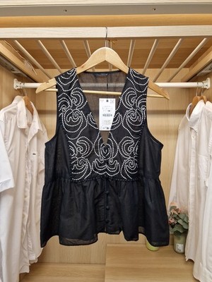 Zara Damen neu mit Etikett schwarz weiß bestickt ärmellos Schößchen Bluse Top Größe L