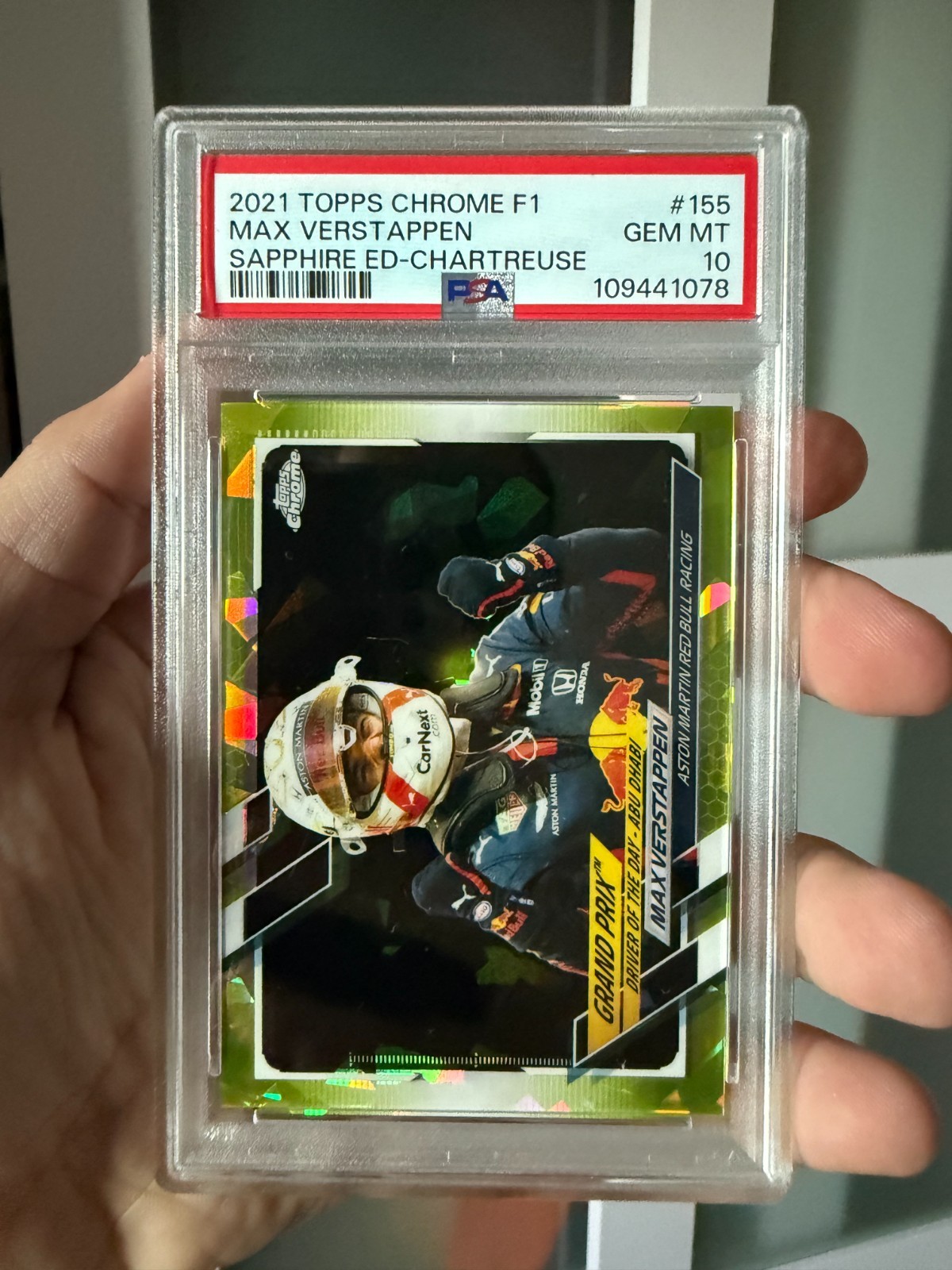 2021 Topps Chrome F1 Sapphire Max Verstappen #155 Chartreuse /199 PSA 10 view 1