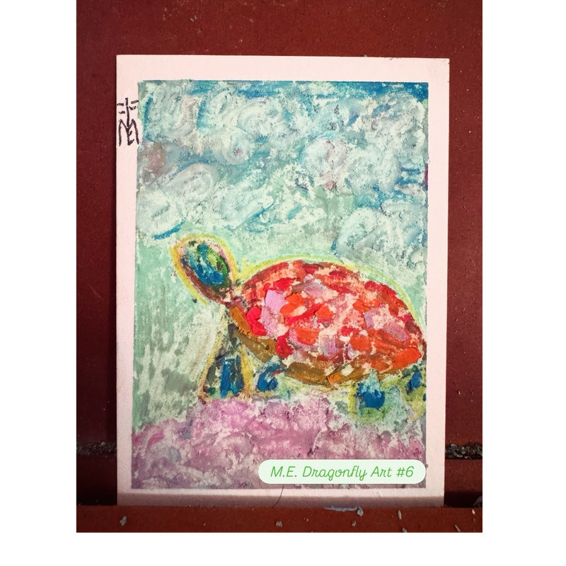 M.E. Dragonfly Art #6 Signed Original Abstract Turtle, ATC  ACEO pastel