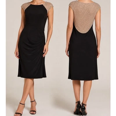 XSCAPE Black Caviar Beaded Mesh Back Ruched Side Sheath Dress Women's 14 - image 1 of 4