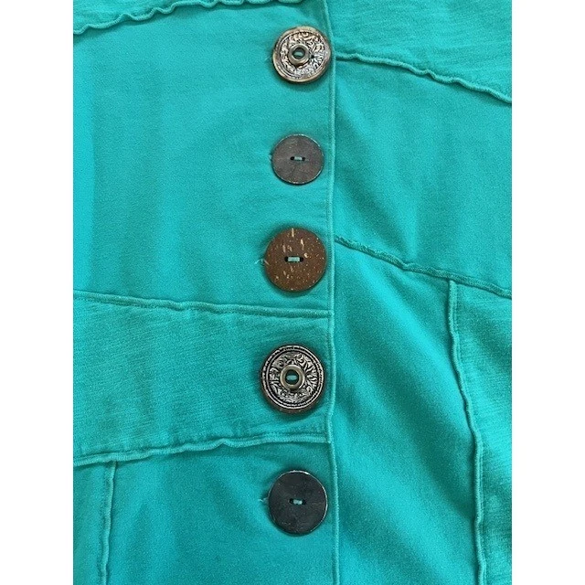 Jaqueta feminina neon Buda azul-petróleo mistura de algodão XL botão frontal assimétrico - Imagem 2 de 4