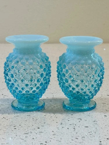 2 ~ Vintage FENTON Opalescent Ombre Blue Hobnail Vase Lot - 3.5 inches Tall