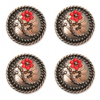 Set of 4 Copper Engraved Flower Rhinestone 1-1/4'' Wide Saddle Tack Conchos CO128