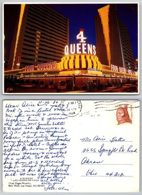 Vintage 1984 Las Vegas Four Queens Hotel & Casino Neon Night View Postcard