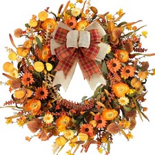 22inch Artificial Autumn Daisy Wreath Fall Leaves With Bowknot Wreath For Front