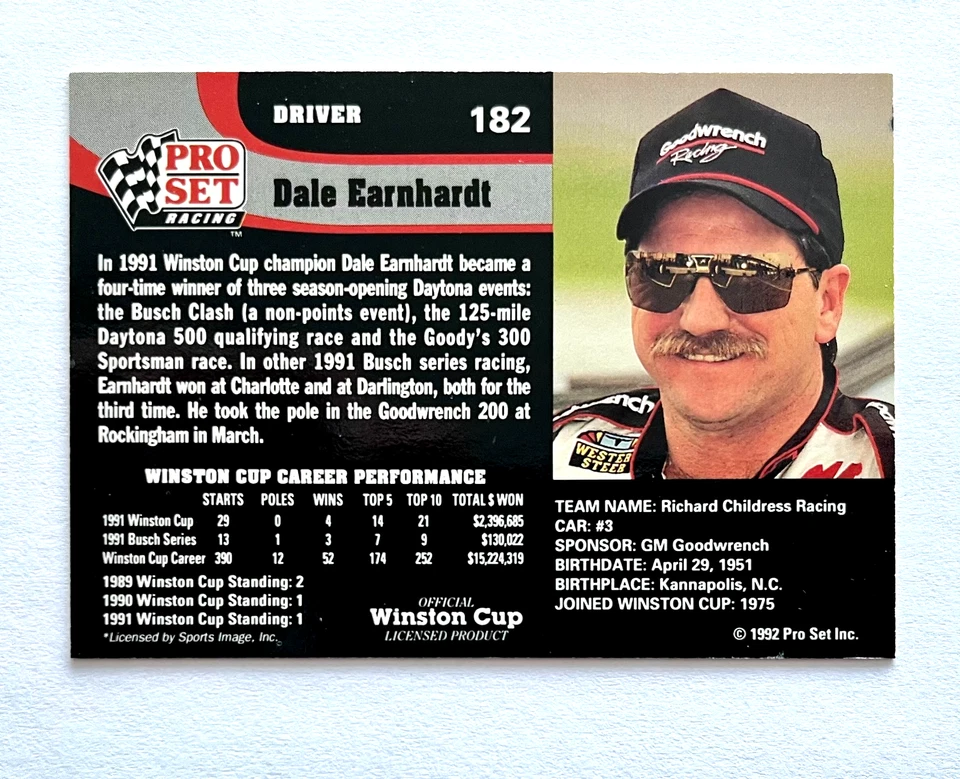 Dale Earnhardt NASCAR 1992 Pro Set #182 The Intimidator Autographed Signed - Image 3 of 3