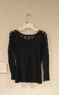 Boston Proper Shirt Womens Small Black Blouse Lace Long Sleeve Polka Dot