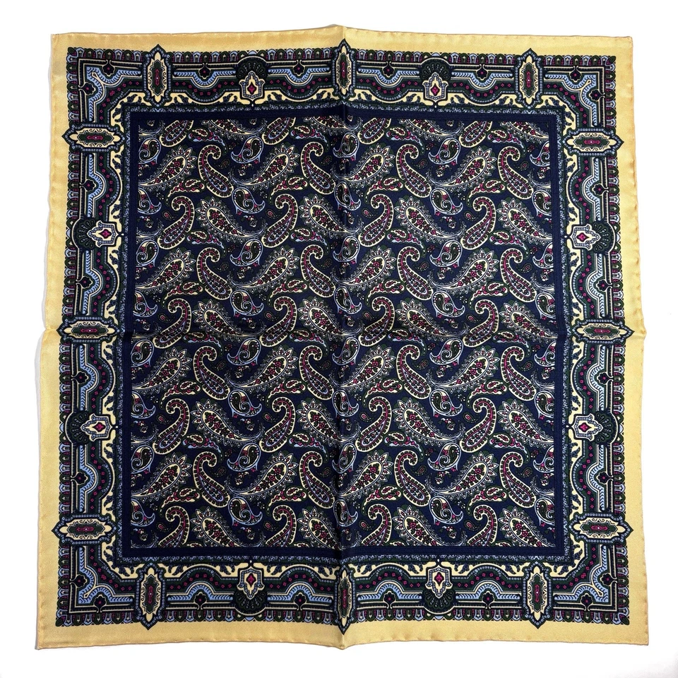 Navy Blue & Cream Paisley Silk Pocket Square (Handmade in England) - Image 4 of 4