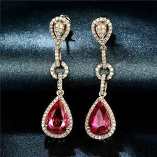 Lab-Created Ruby 3Ct Pear Cut Women's Drop Dangle Earring 14K Rose Gold Plated