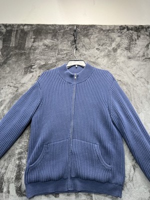 L.L.Bean Full Zip Sweater Jacket XL Blue Rib Knit Cotton Mock Neck