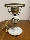 1950 10 1/4” Milk Glass Gold Accect Leaves Boudoir Night Table Electric Lamp @ B