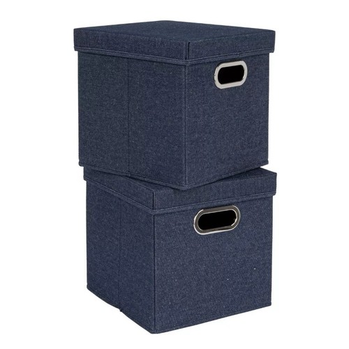 Household Essentials Set of 2 Collapsible Cotton Blend Cube Storage Box with Lid - Picture 2 of 6
