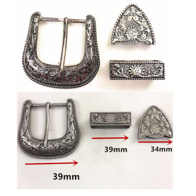 Western Belt Buckle Three Piece Set Antique Brass Floral Design Unisex 1 1/2''
