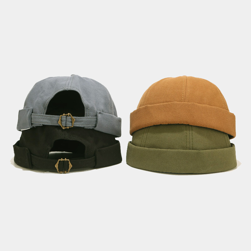 Men's Docker Cap - Rolled Cuff Brimless Corduroy Hat, Adjustable, Khaki, One Size Fits Most