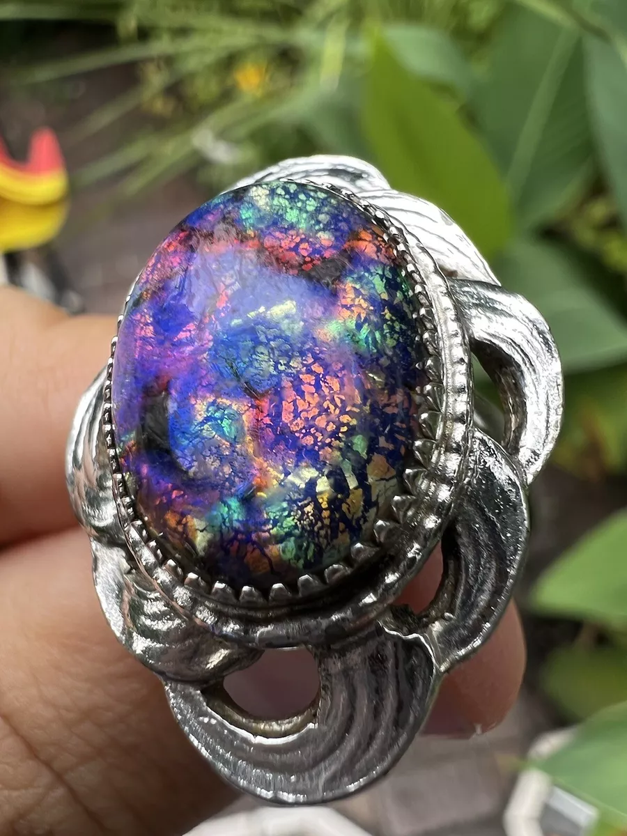 Vintage Whiting Davis Co Ring Costum Iridescent Oval Silver Tone Size 4.5