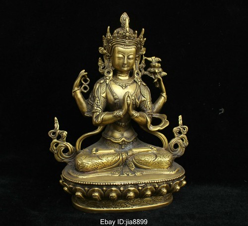 Tibet Buddhism Bronze Brass Louts 4 Arms Chenrezig Buddha Statue Sculpture - Picture 4 of 8