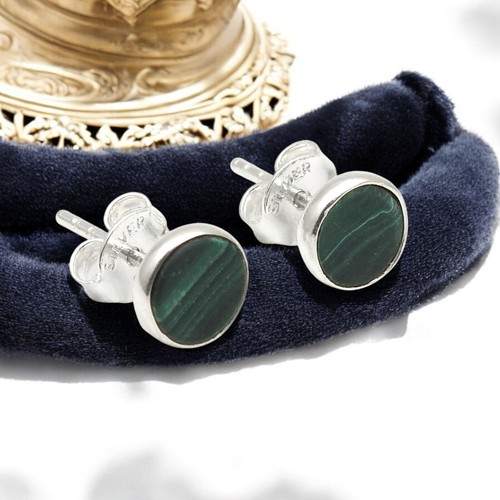 Minimalist Natural Malachite Solid 925 Silver Stud Earrings Women Gift Jewelry - Picture 5 of 9