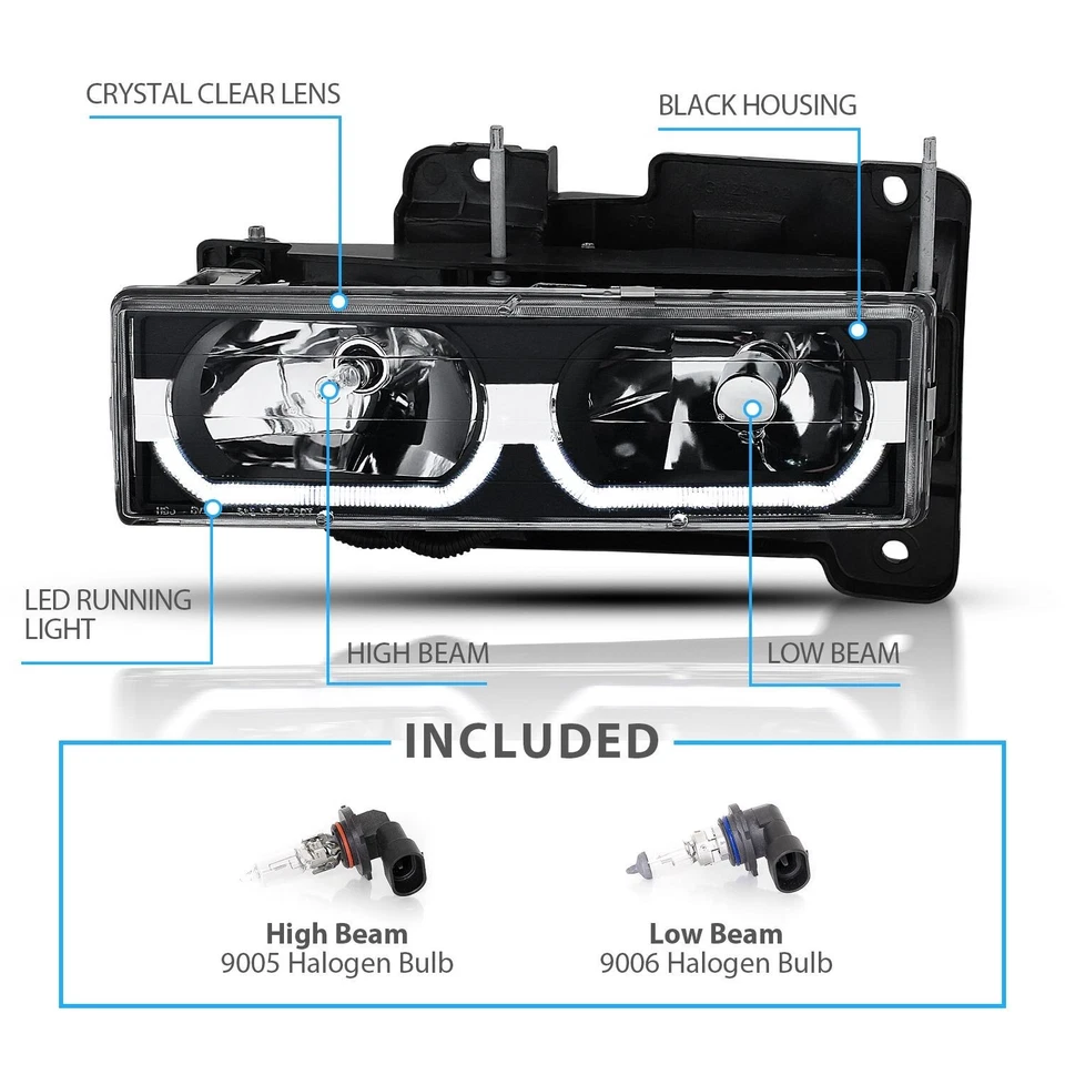 88-99 Chevy Full Size C/K 3500 Tahoe GMC Yukon Suburban Headlights Black LED Bar - Image 3 of 4