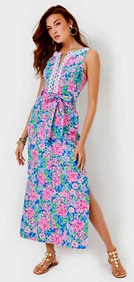 chinese dress ladies GULIANNA STRETCH COTTON MAXI SHIFT DRESS, HYDRA BLUE DANDY LIONS main image 1