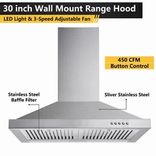 30 inch Wall Mount Hood Vents 450CFM Stainless Steel Filter Exhaust Fan LED New