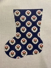 Hand Painted Needlepoint Canvas 18 CT  MINI NAVY BLUE XMAS STOCKING ORNAMENT