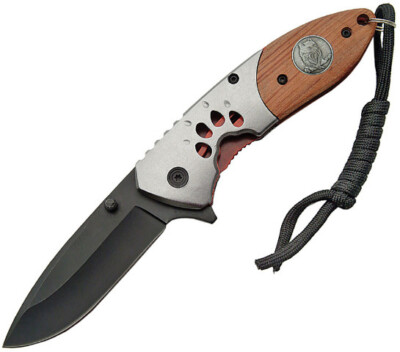 China Made Wolf Track Linerlock A/O 4 1/2'' closed. 3'' assisted opening black fin