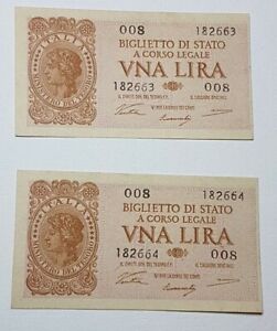 2 Biglietti Consecutivi Di Stato Da Una Lira Originali Epoca Luogotenenza 1944 Ebay