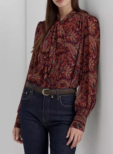 NWOT $165 Lauren Ralph Lauren Women's Paisley Georgette Tie-Neck Blouse Sz S